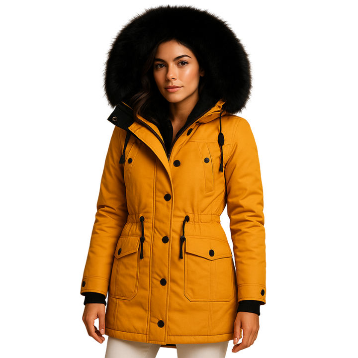 Dames lange winterjas met capuchon en kraag voor koude dagen