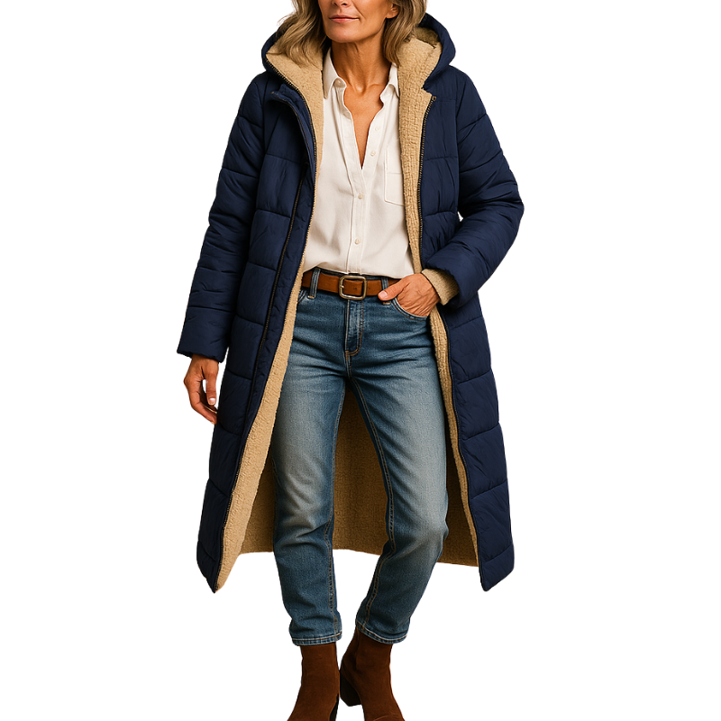 Dames lange winterjas met gevoerde binnenkant voor dagelijks gebruik in koud weer