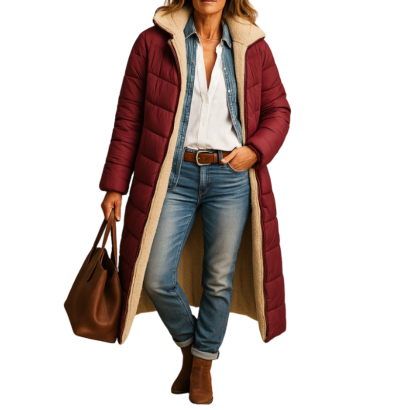 Dames lange winterjas met gevoerde binnenkant voor dagelijks gebruik in koud weer