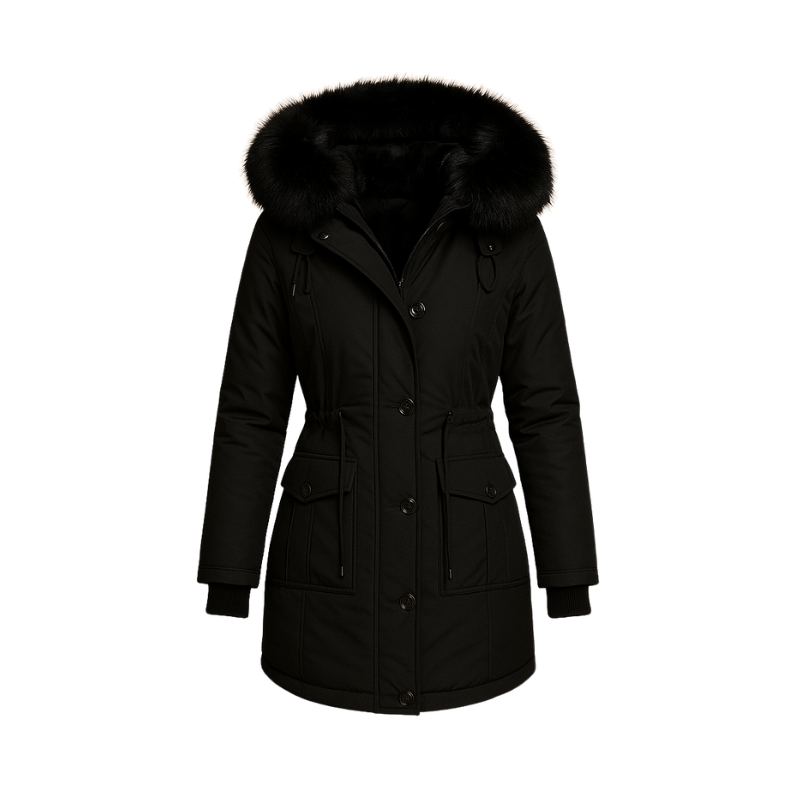 Dames lange winterjas met capuchon en kraag voor koude dagen