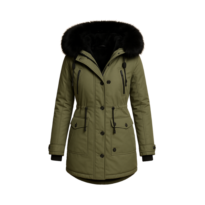 Dames lange winterjas met capuchon en kraag voor koude dagen