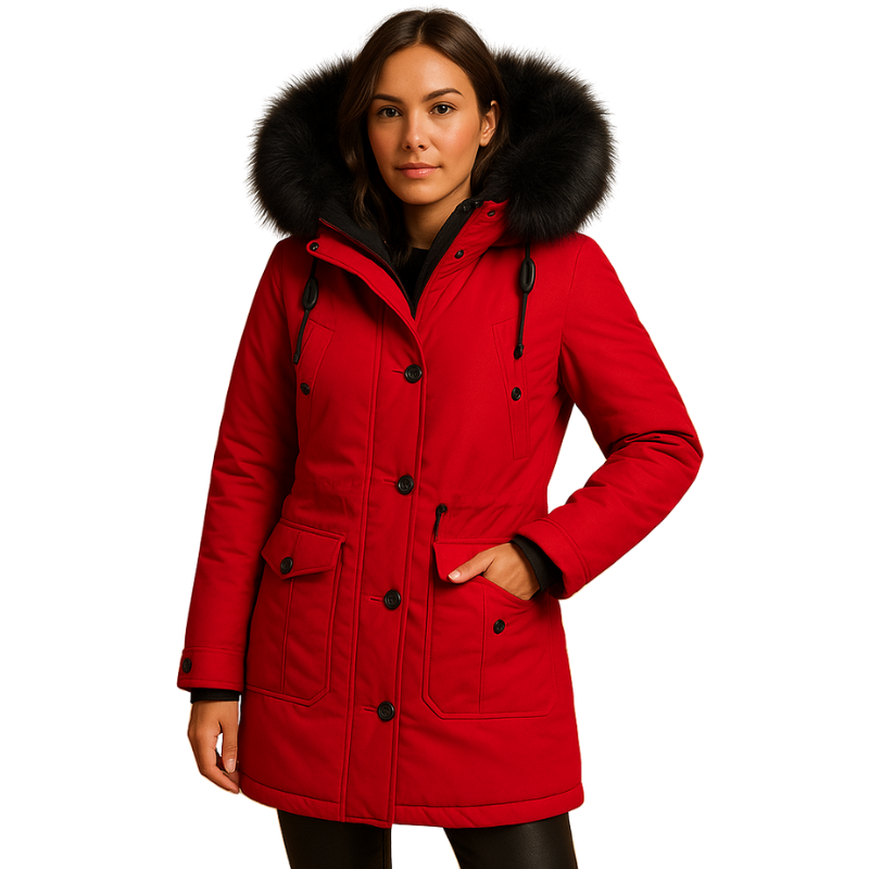 Dames lange winterjas met capuchon en kraag voor koude dagen