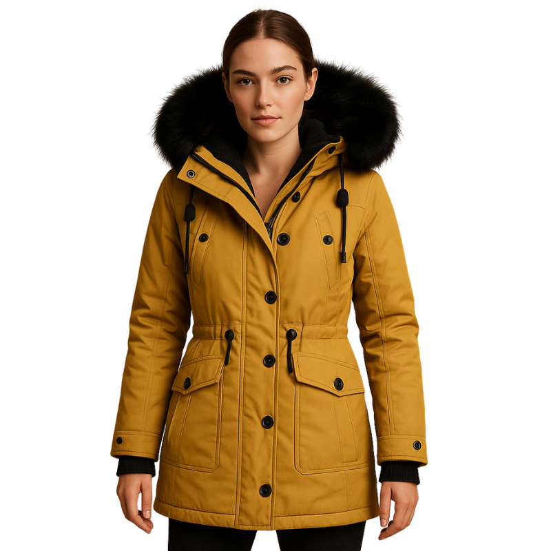 Dames lange winterjas met capuchon en kraag voor koude dagen