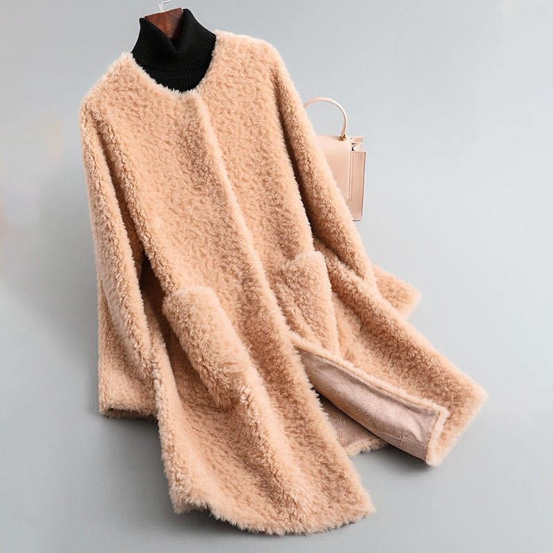 Dames teddy shearling jas met ronde hals en zakken