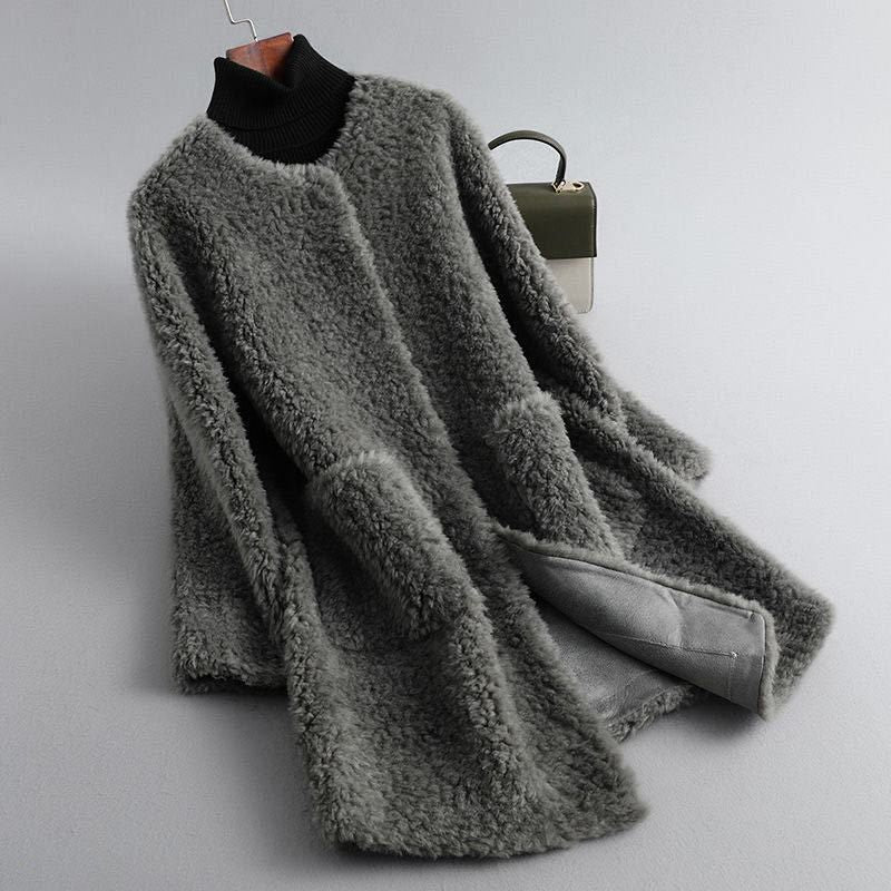 Dames teddy shearling jas met ronde hals en zakken