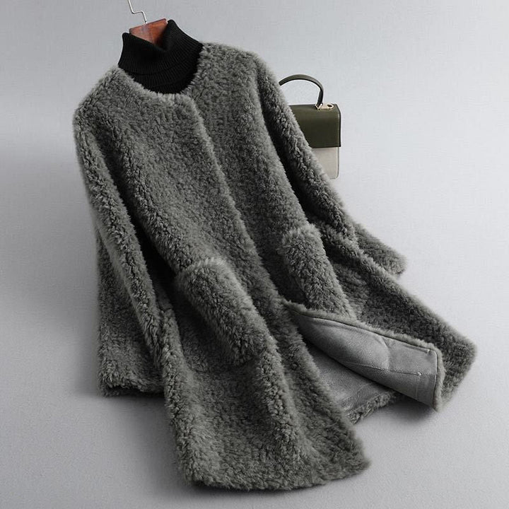 Dames teddy shearling jas met ronde hals en zakken
