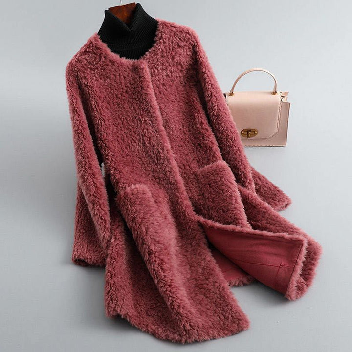 Dames teddy shearling jas met ronde hals en zakken