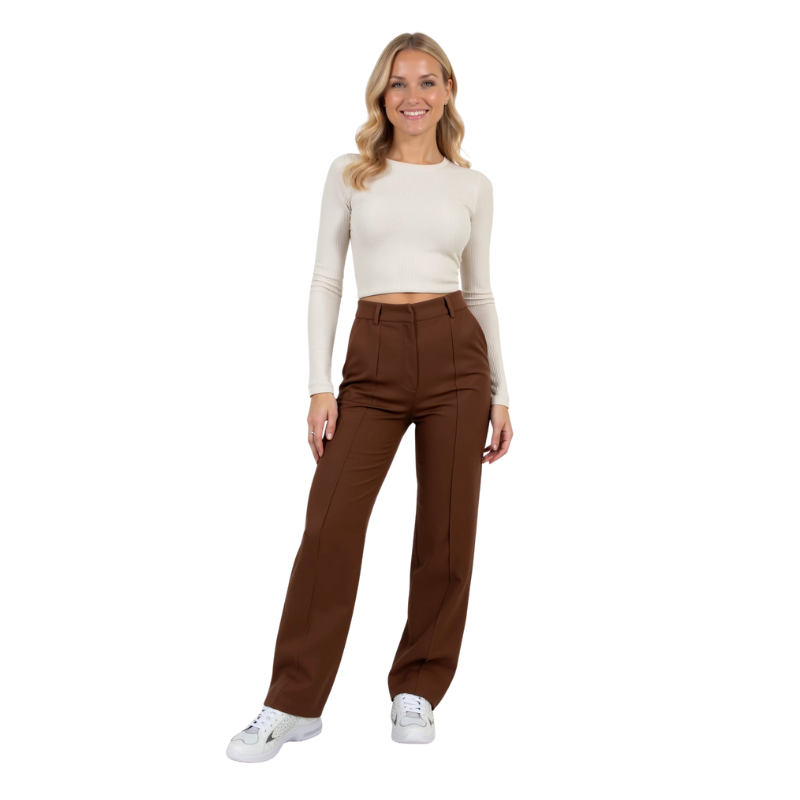 Damesbroek met wijde pijpen en hoge taille