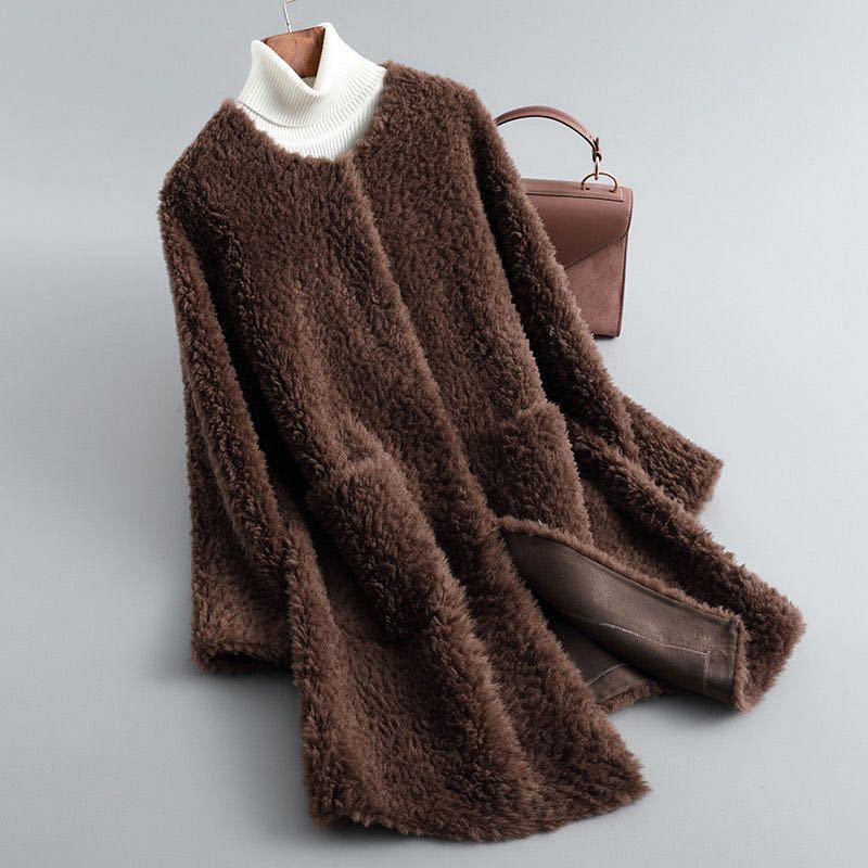 Dames teddy shearling jas met ronde hals en zakken