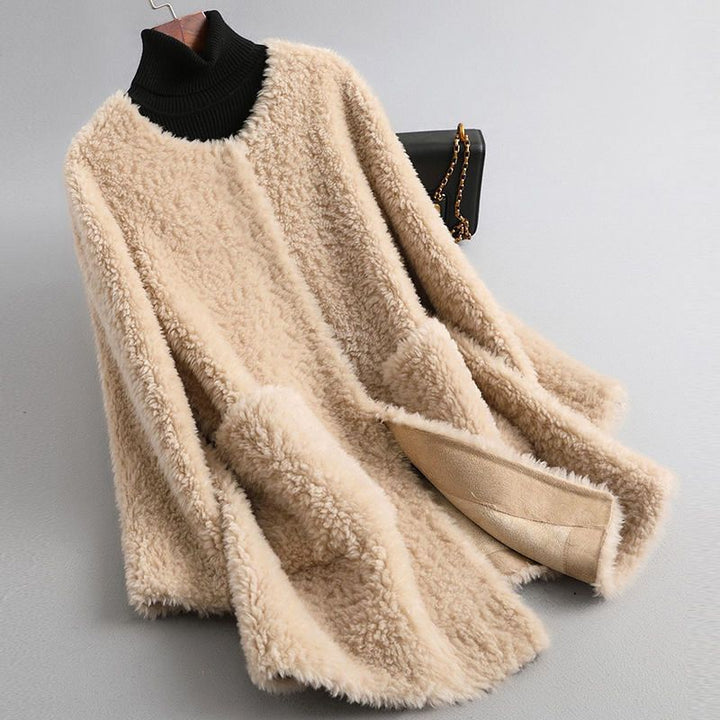 Dames teddy shearling jas met ronde hals en zakken