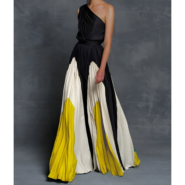 Avondjurk met asymmetrische schouderlijn en plissé rok