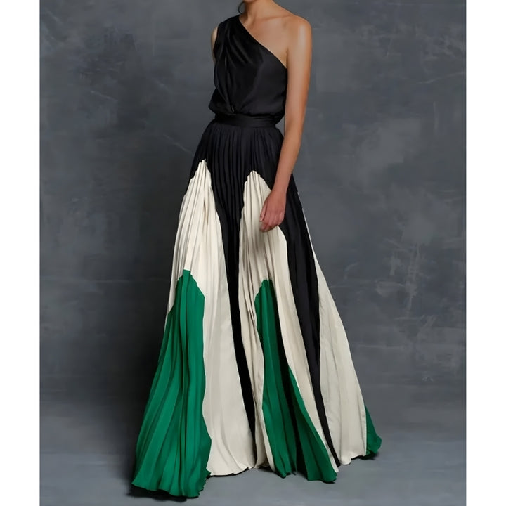 Avondjurk met asymmetrische schouderlijn en plissé rok