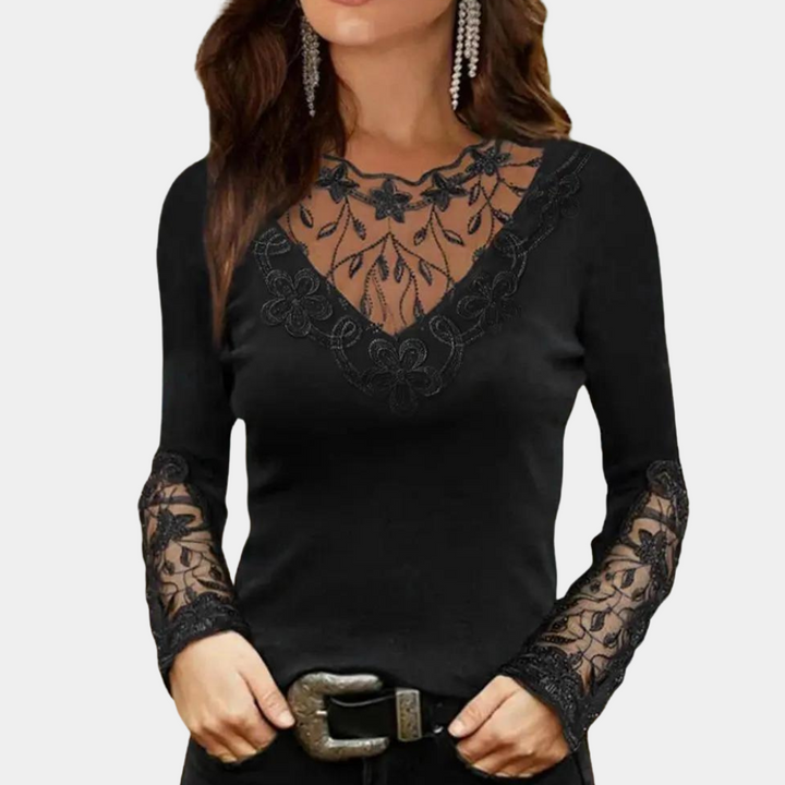 Damesblouse met kanten details en ronde hals