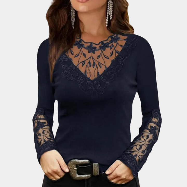 Damesblouse met kanten details en ronde hals