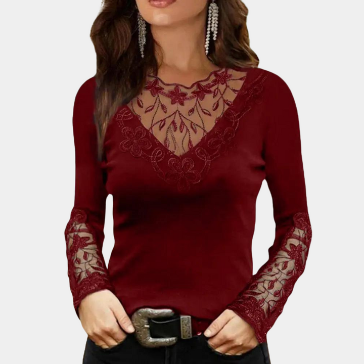 Damesblouse met kanten details en ronde hals
