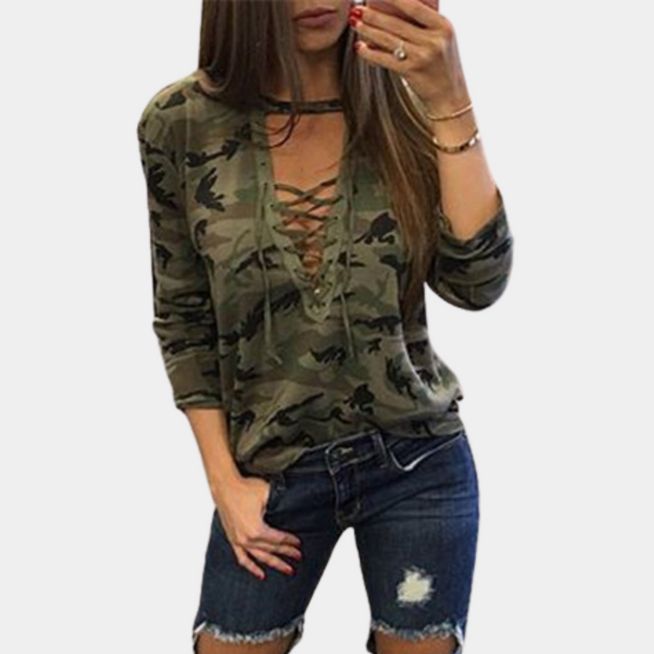 Dames sweatshirt met camouflageprint en halsuitsnijding