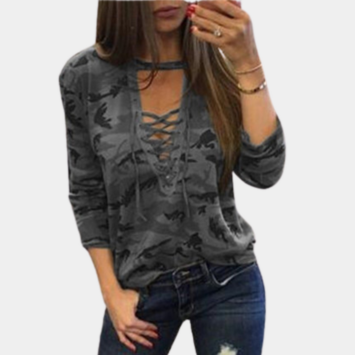 Dames sweatshirt met camouflageprint en halsuitsnijding