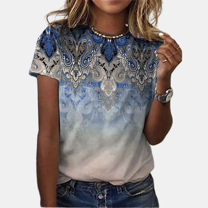 Dames T-shirt met abstracte print en kleurvlakken