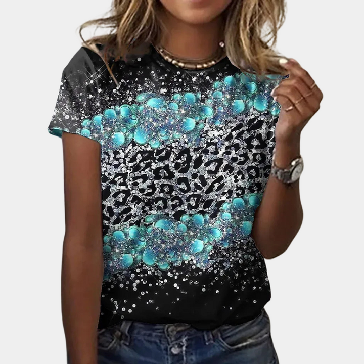 Dames T-shirt met abstracte print en kleurvlakken