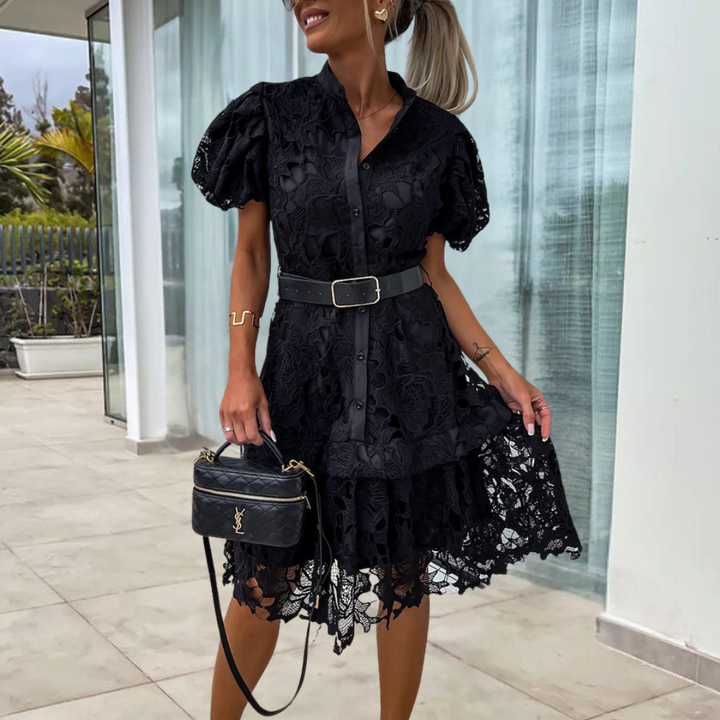 Dames midi-jurk met pofmouwen, ceintuur en kantdetails