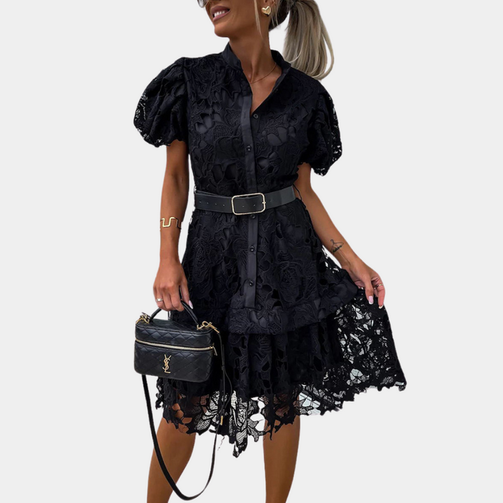 Dames midi-jurk met pofmouwen, ceintuur en kantdetails