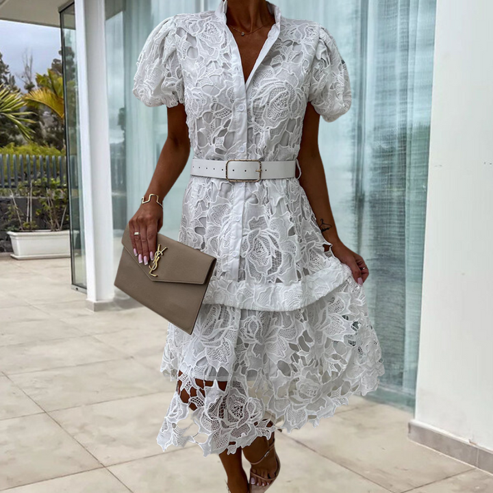 Dames midi-jurk met pofmouwen, ceintuur en kantdetails