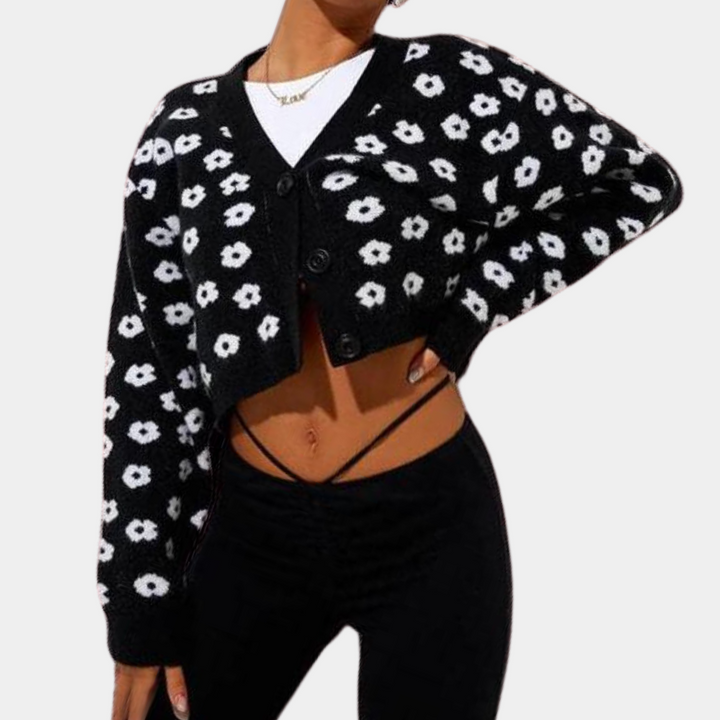 Dames gebreid vest met madeliefjesmotief en V-hals