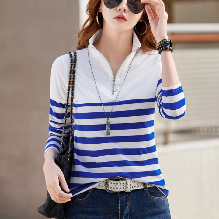 Dames gestreept T-shirt met kwartrits en korte mouwen