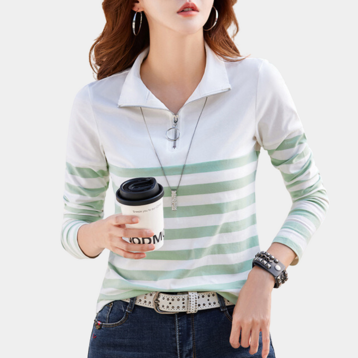 Dames gestreept T-shirt met kwartrits en korte mouwen