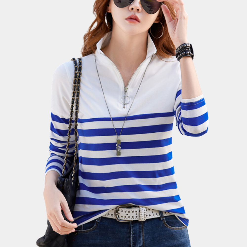 Dames gestreept T-shirt met kwartrits en korte mouwen