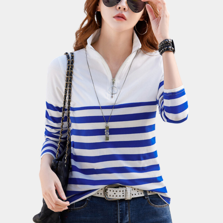 Dames gestreept T-shirt met kwartrits en korte mouwen