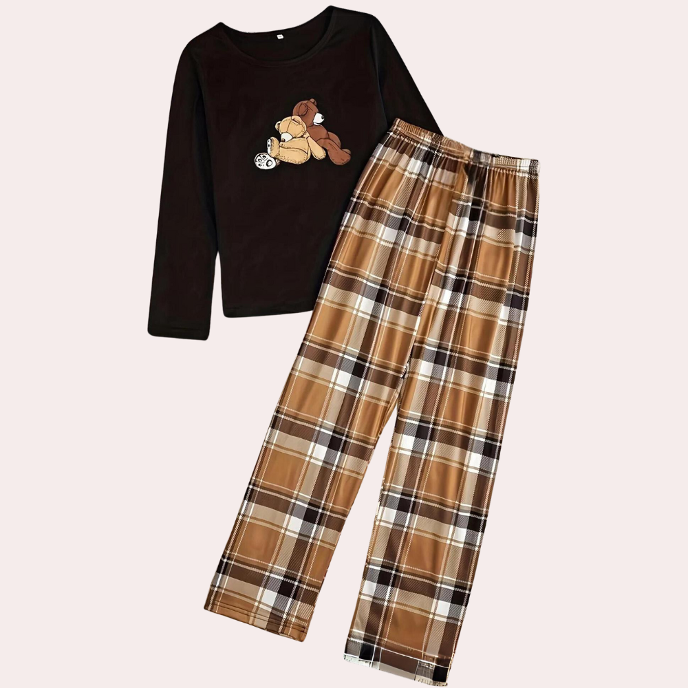 Inge - Dames Berenprint & Geruite Casual 2-Piece Set