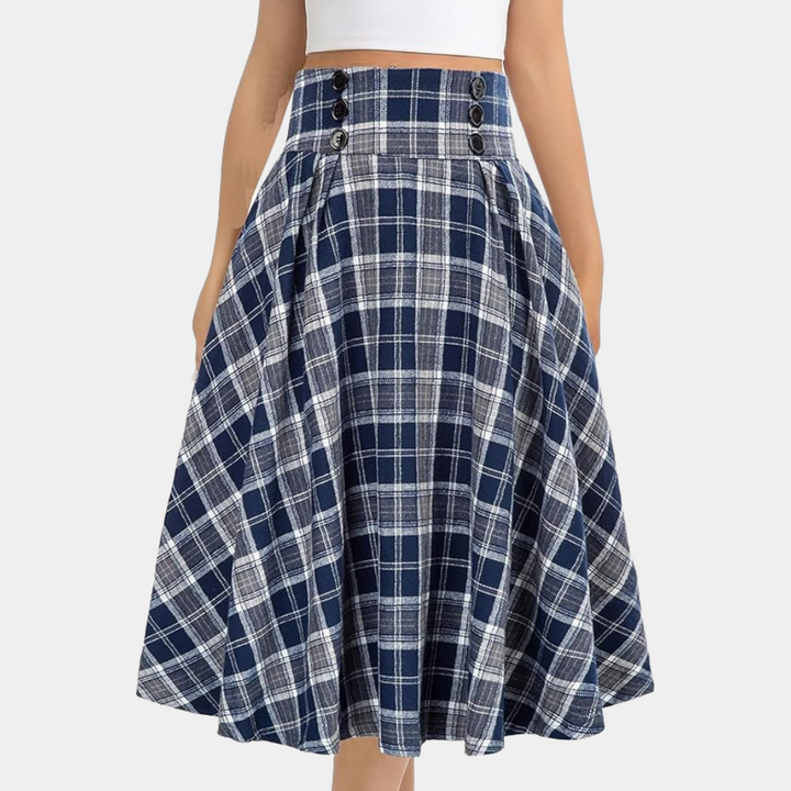 Luminita - Elegante Hoge Taille Tartan Midi Rok voor Dames