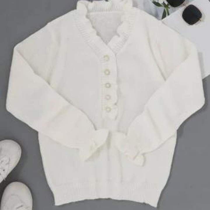 Dames V-hals trui met knoopaccenten en lange mouwen