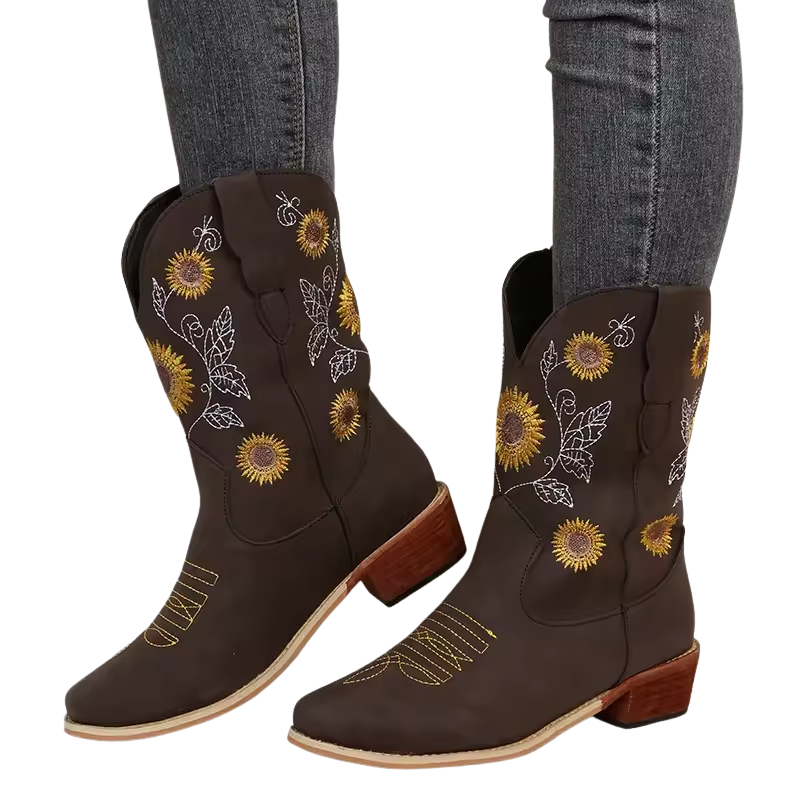 Dames cowboylaarzen tot halverwege de kuit met bloemendecoratie