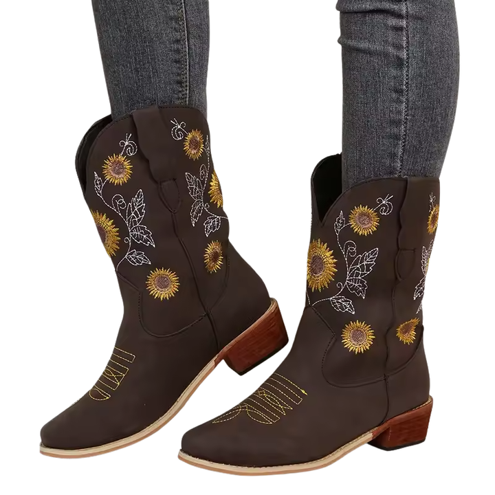 Dames cowboylaarzen tot halverwege de kuit met bloemendecoratie