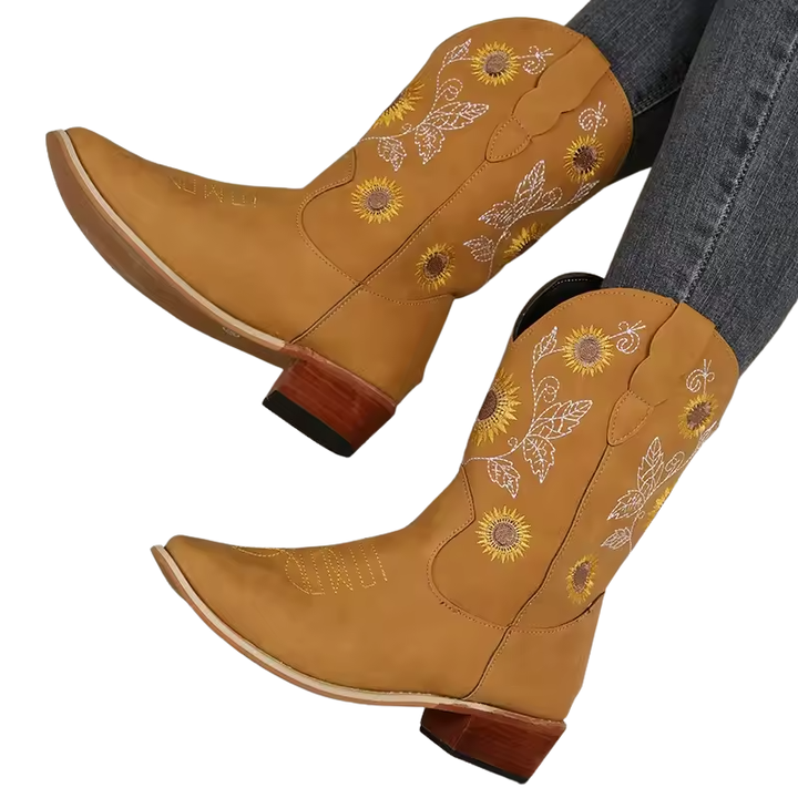 Dames cowboylaarzen tot halverwege de kuit met bloemendecoratie