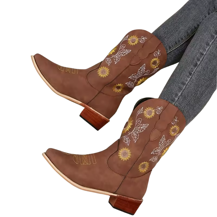 Dames cowboylaarzen tot halverwege de kuit met bloemendecoratie