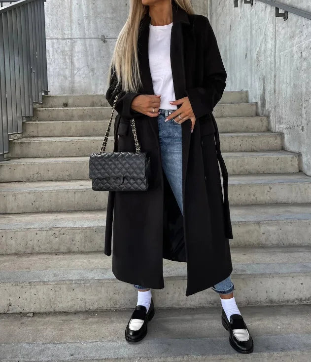 Dames lange winterjas met riem