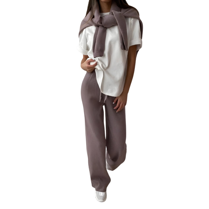 Dames tweedelig gebreid geheel met coltrui en wijde broek