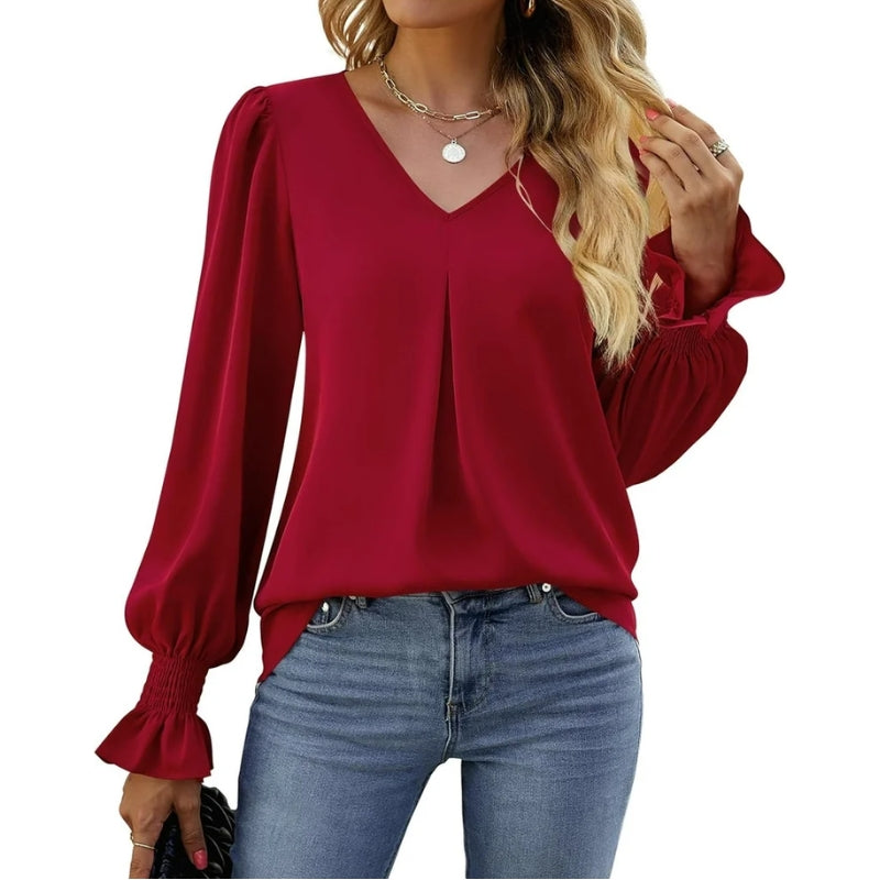 Damesblouse met V-hals en geplooide manchetten
