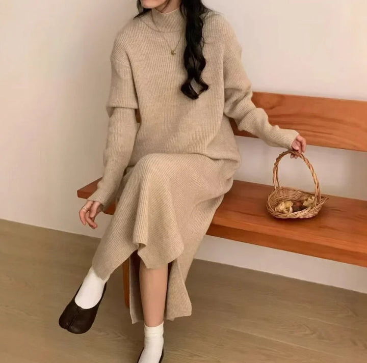 Dames gebreide jurk coltrui geribbeld lange mouwen