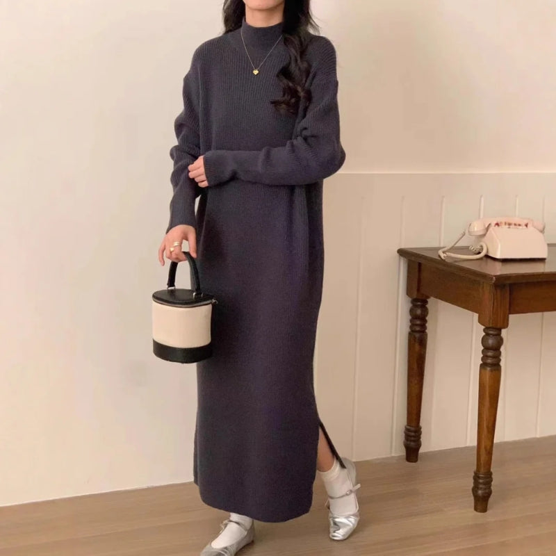 Dames gebreide jurk coltrui geribbeld lange mouwen