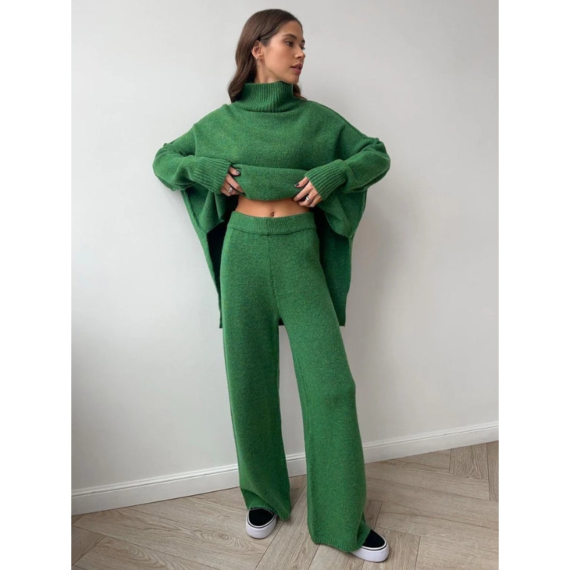 Dames gebreide set coltrui en wijde broek te groot