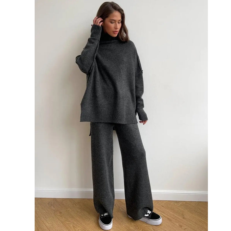 Dames gebreide set coltrui en wijde broek te groot