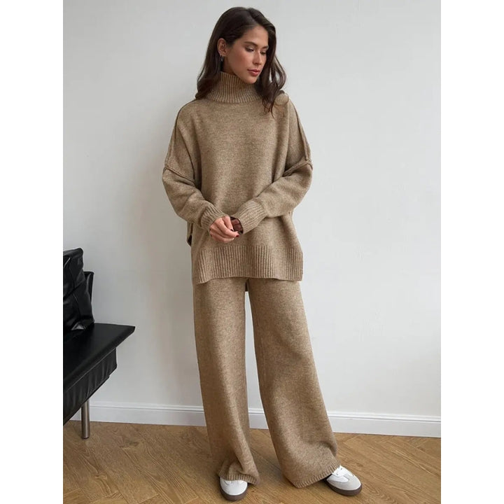 Dames gebreide set coltrui en wijde broek te groot