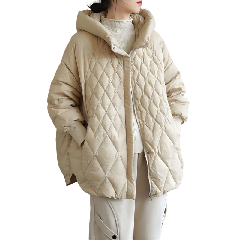 Damesjas met capuchon en doorgestikt ruitpatroon