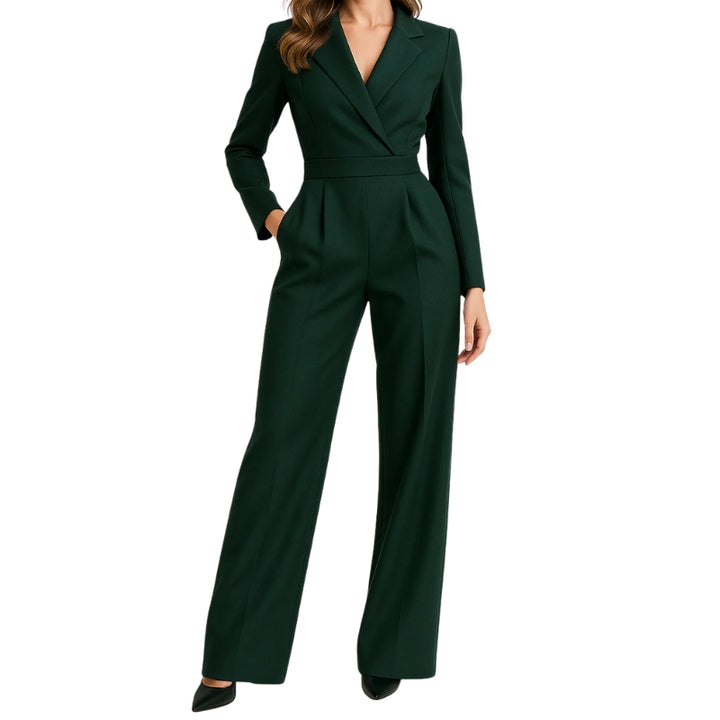 Damesjumpsuit met smokingkraag en wijde pijpen