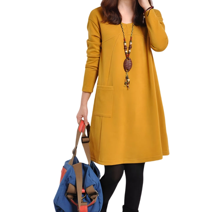 Damesjurk met V-hals en lange mouwen tot de knie