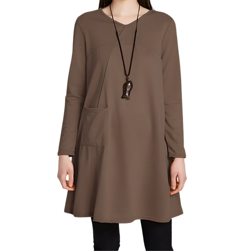 Damesjurk met V-hals en lange mouwen tot de knie